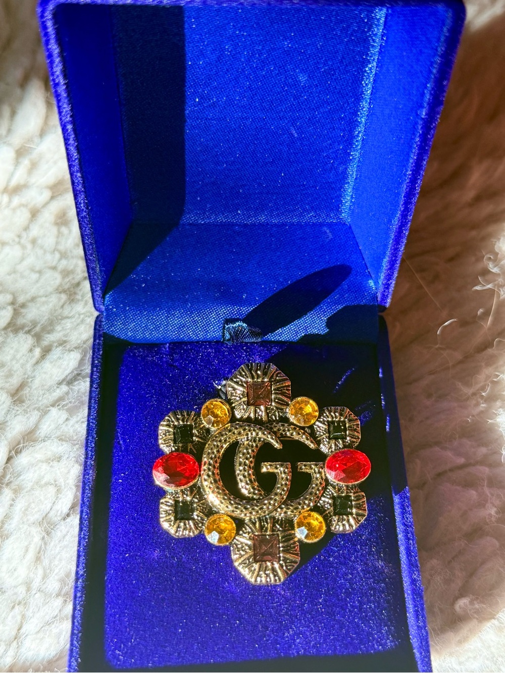 Stunning Gold Brooch with Red and Amber stones-New